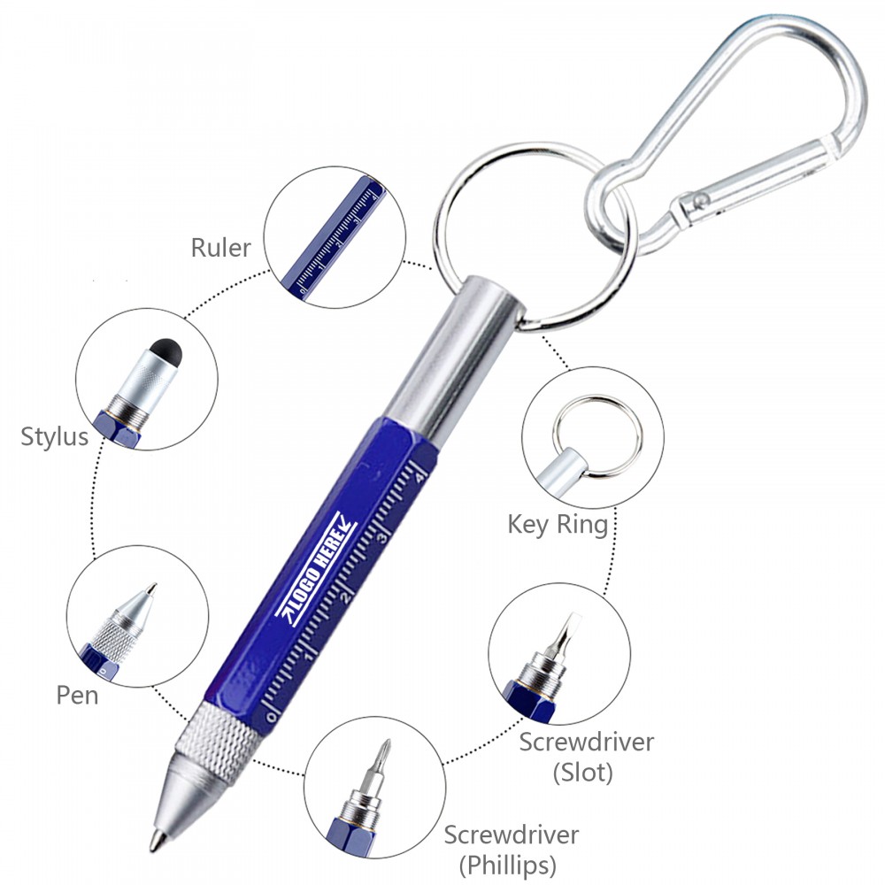 Custom Imprinted 6 In 1 Metal Tool Pen With Carabiner Key Ring