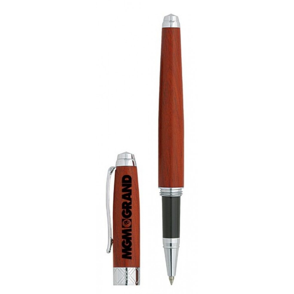 Logo Branded Wooden Twist Action Roller Ball Pen w/Silver Trim Logo Branded Wooden Twist Action Roller Ball Pen w/Silver Trim