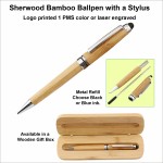 Logo Branded Sherwood Bamboo Ball Pen with a Stylus
