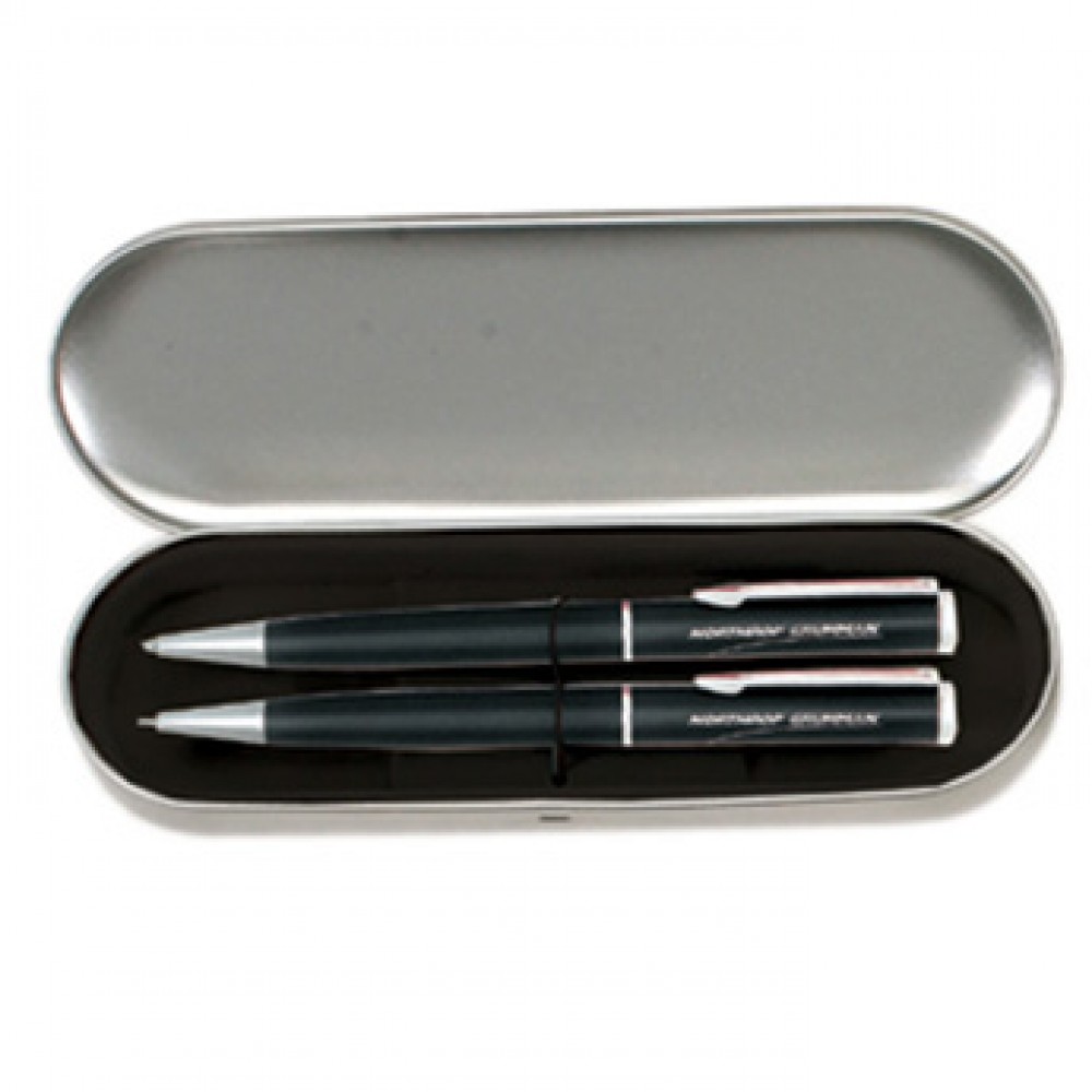 Pencil and Ballpoint Pen w/ Silver Metal Gift Box Logo Branded Pencil and Ballpoint Pen w/ Silver Metal Gift Box Logo Branded