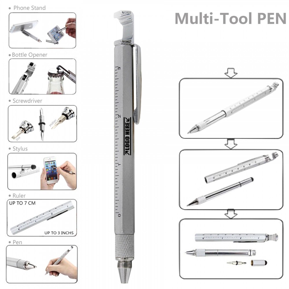 Logo Branded 7 In 1 Metal Tool Pen With Phone Stand