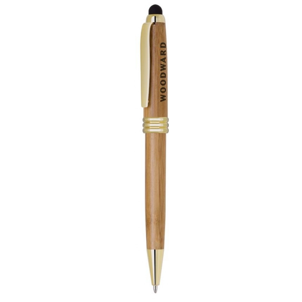 Gold Trim Bamboo Ballpoint Pen & Stylus Logo Branded