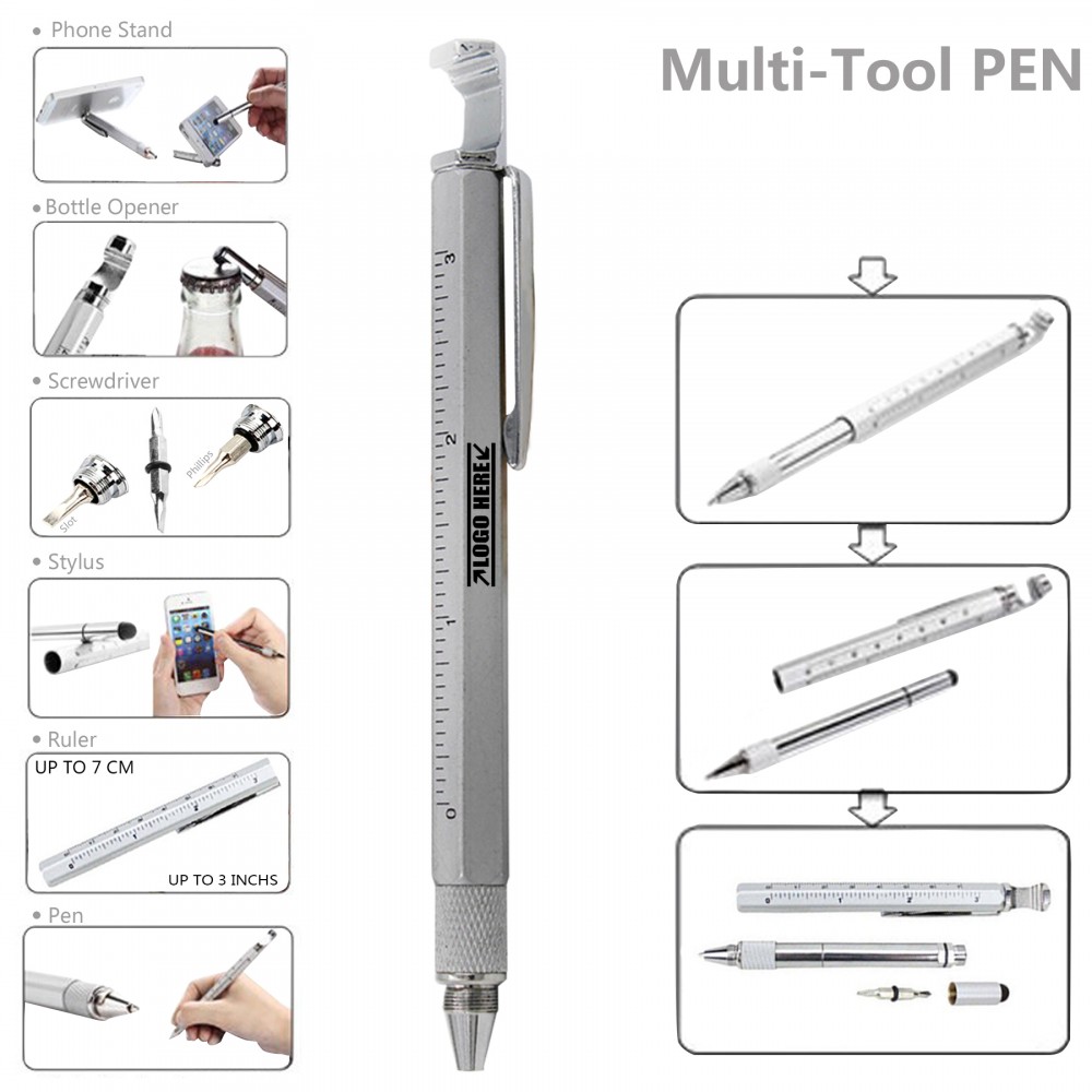 Custom Imprinted 7 In 1 Metal Tool Pen With Phone Stand