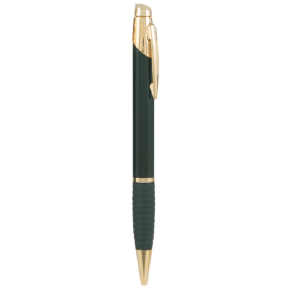 Ball Point Pen - Glossy Black - Black Rubber Grip - Engraves Gold - Blue Ink Logo Branded