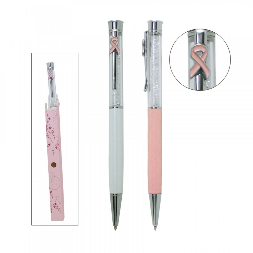 Logo Branded PINK METAL PEN WITH RIBBON CLIP PEN. Perfect to promote Breast Cancer Awareness.