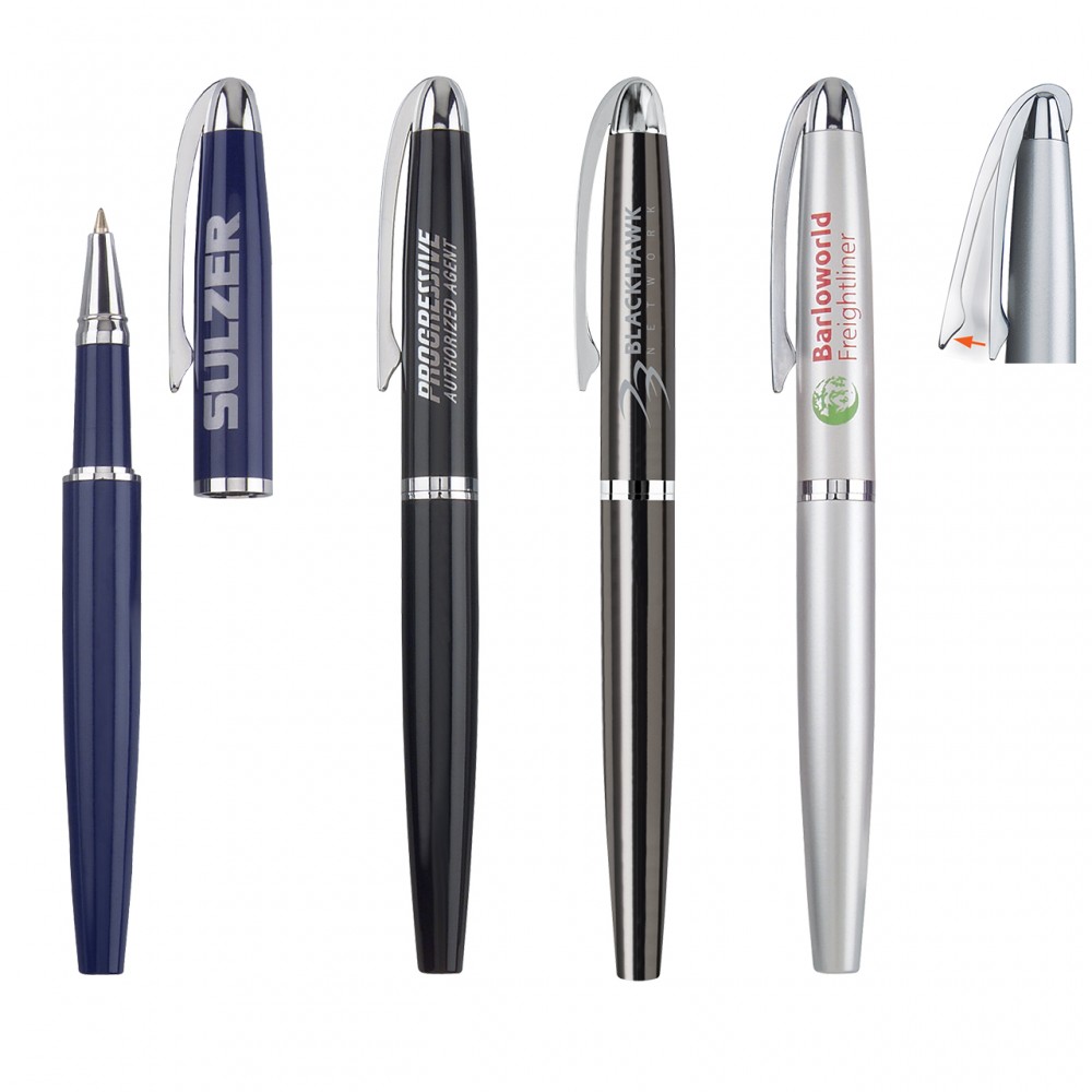 Juno Rollerball Pen w/Removable Cap & Chrome Pocket Clip Logo Branded Juno Rollerball Pen w/Removable Cap & Chrome Pocket Clip Logo Branded