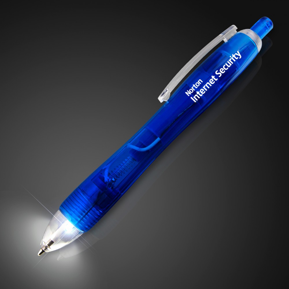 White LED Light Tip Blue Pen - Domestic Imprint Logo Branded