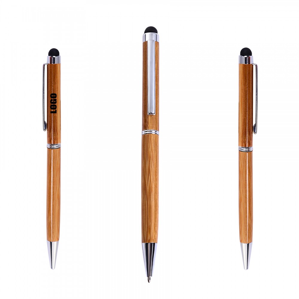 Logo Branded Twisted Action Slim Bamboo Pen With Stylus