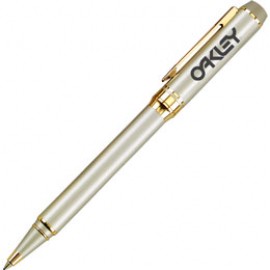 Satin Nickel Solid Brass Barrel Ballpoint Pen w/ Gold Trim Custom Imprinted
