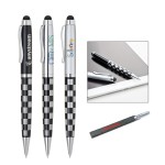 Custom Imprinted Twist action ballpoint pen with touch screen stylus. Checkered black