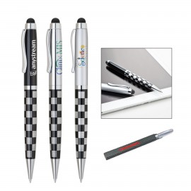 Twist action ballpoint pen with touch screen stylus. Checkered black Logo Branded