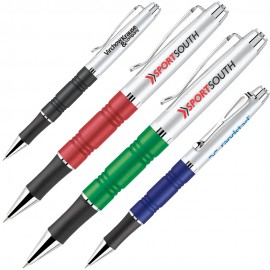 Logo Branded Twist Action Ballpoint Pen w/ Matte Rippled Barrel & Rubber Grip