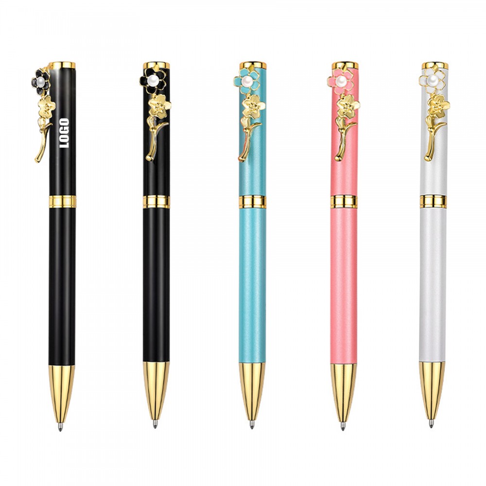 Twisted Action Metal Pen With Flower Clip Custom Engraved