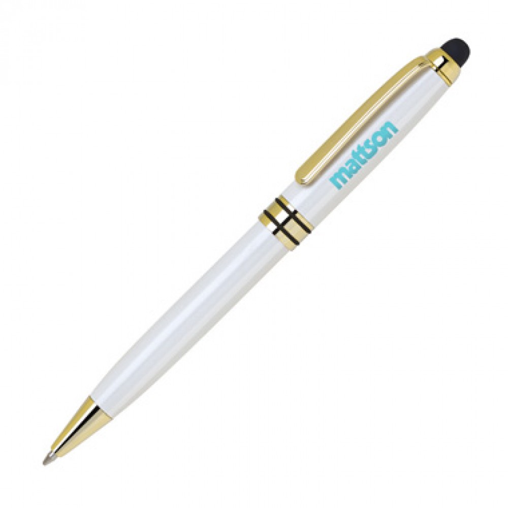 Pearl White Heavyweight Brass Ballpoint Pen w/ Stylus Custom Engraved