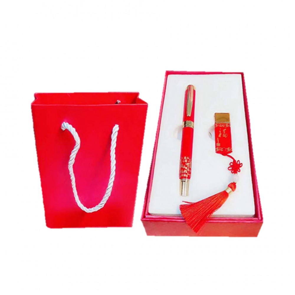 Chinese Style Business Gift Set Usb Drive With Pen Logo Branded