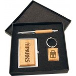 Silver/Wood Finish Gift Set with Business Card Case, Pen & Keychain Custom Imprinted