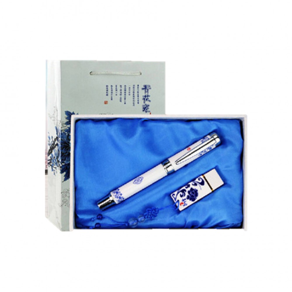 Chinese Style Business Gift Set Usb Drive With Pen Logo Branded