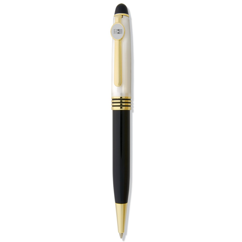 Logo Branded White/Black Ballpoint Pen W/ Silver Medallion