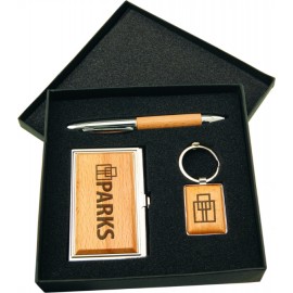 6.5" x 6.5" - Beechwood Pen, Card Holder and Keychain with Silver Trim Custom Imprinted