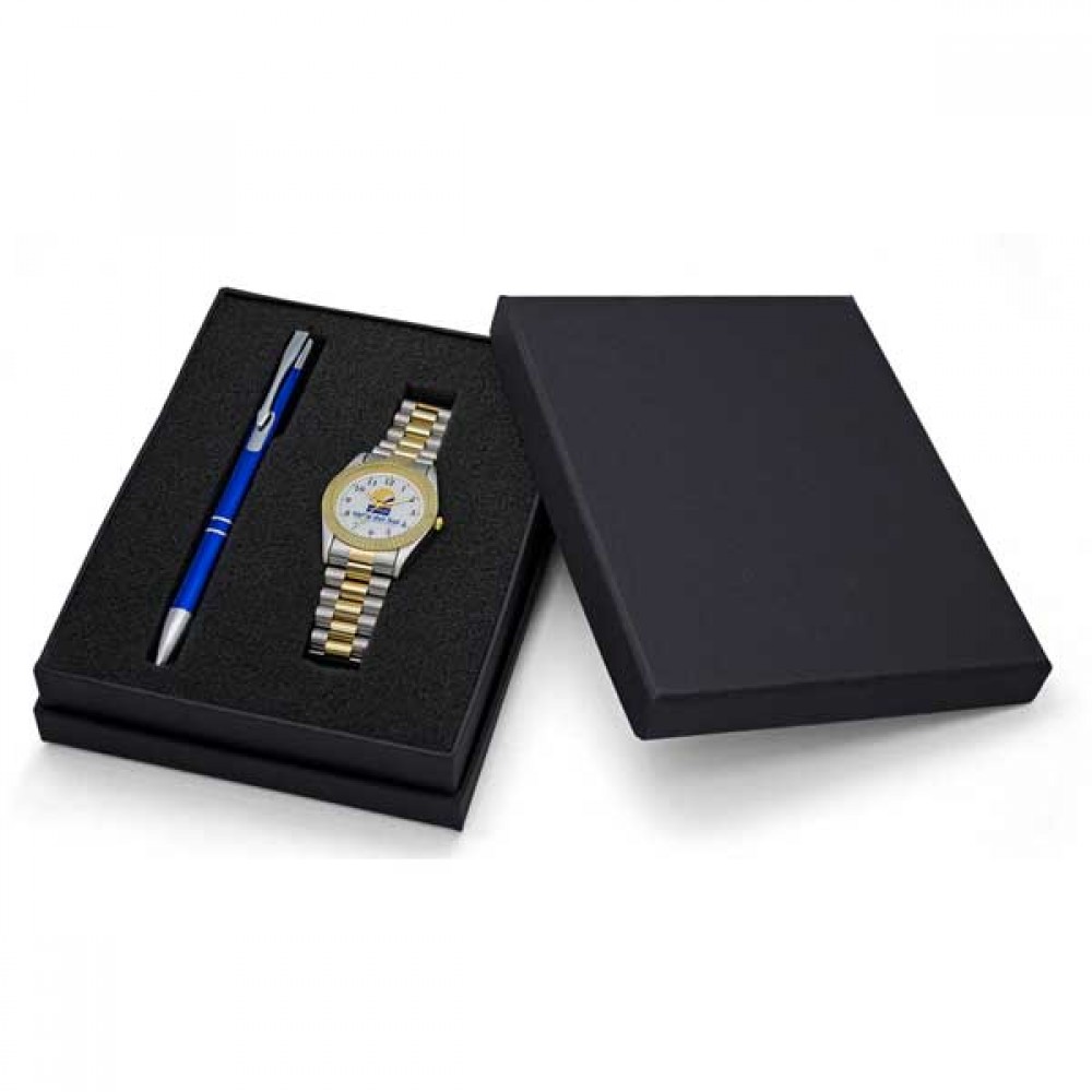 Designer 2-Tone Bracelet Watch Set with Polished Aluminum Pen Logo Branded Designer 2-Tone Bracelet Watch Set with Polished Aluminum Pen Logo Branded