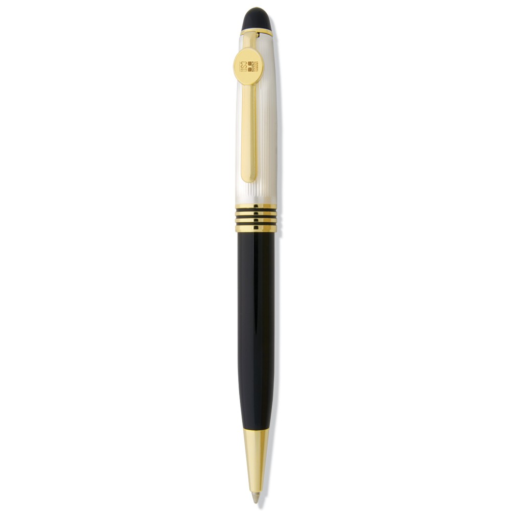White/Black Ballpoint Pen W/ Gold Medallion Custom Imprinted White/Black Ballpoint Pen W/ Gold Medallion Custom Imprinted
