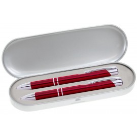 JJ Series Pen and Pencil Gift Set in Silver Tin Gift Box with Hinge Cover - Red pen Logo Branded