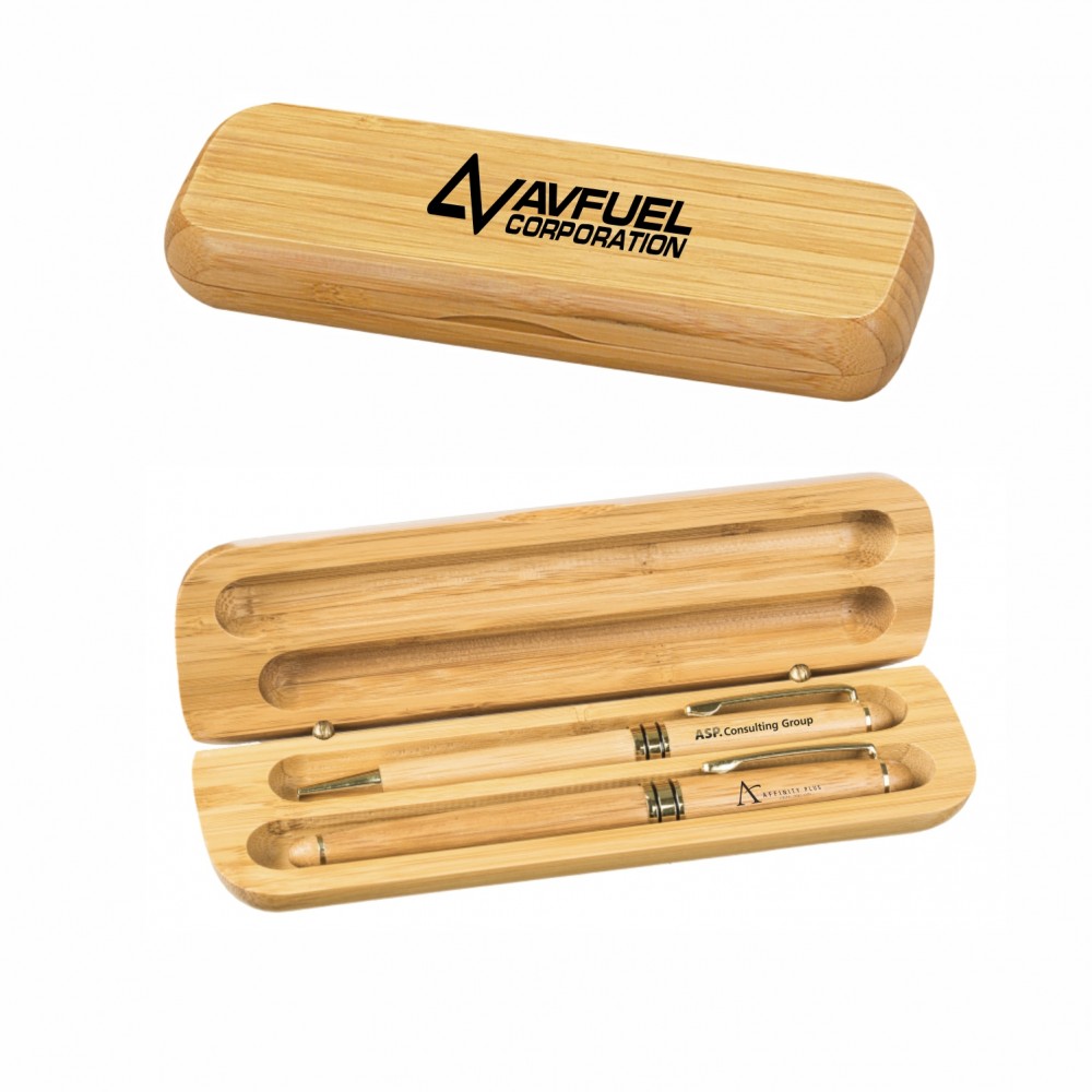 Custom Imprinted Bamboo Case w/Pen & Rollerball Pen Gift Set