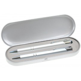 JJ Series Stylus Pen and Pencil Gift Set in Silver Tin Gift Box with Hinge Cover - Silver pen Logo Branded