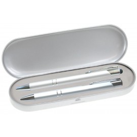 JJ Series Stylus Pen and Pencil Gift Set in Silver Tin Gift Box with Hinge Cover - Silver pen Logo Branded  JJ Series Stylus Pen and Pencil Gift Set in Silver Tin Gift Box with Hinge Cover - Silver pen Logo Branded