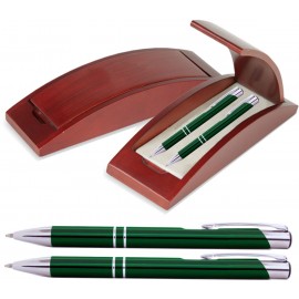 Custom Imprinted JJ Series Pen and Pencil Gift Set in Rosewood Color Wood Gift Box with Hinge Cover, Green pen  Custom Imprinted JJ Series Pen and Pencil Gift Set in Rosewood Color Wood Gift Box with Hinge Cover, Green pen