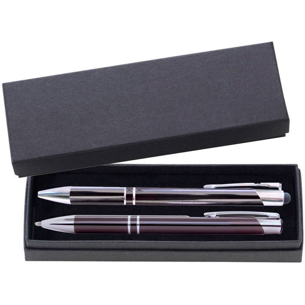 Custom Imprinted JJ Series Gunmetal Stylus Pen and Pencil Set in Black Cardboard Paper Gift Box with Velvet lining