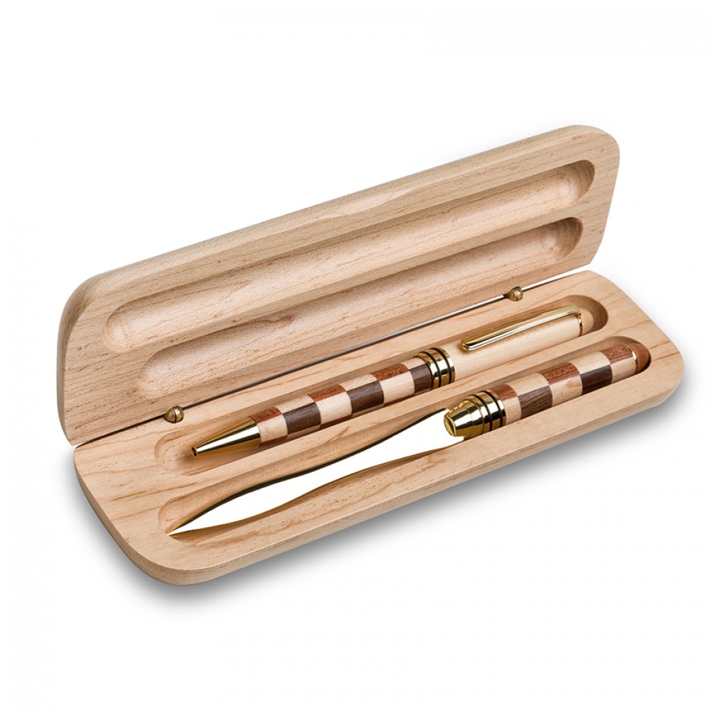 Premade Pen Set WB02M Maple Wood Box w/Ballpoint Pen & Letter Opener Custom Engraved