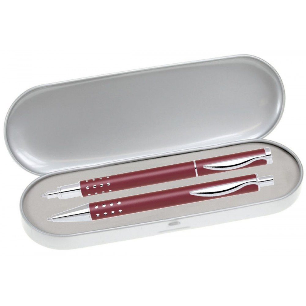 Dot Grip Pen Series - Red Pen and Roller Pen Gift Set, Silver Dots Grip, Crescent Moon Shape Clip Custom Imprinted