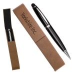 Logo Branded Leatherette Single Pen Case with 1 Blank Pen with Stylus - Dark Brown