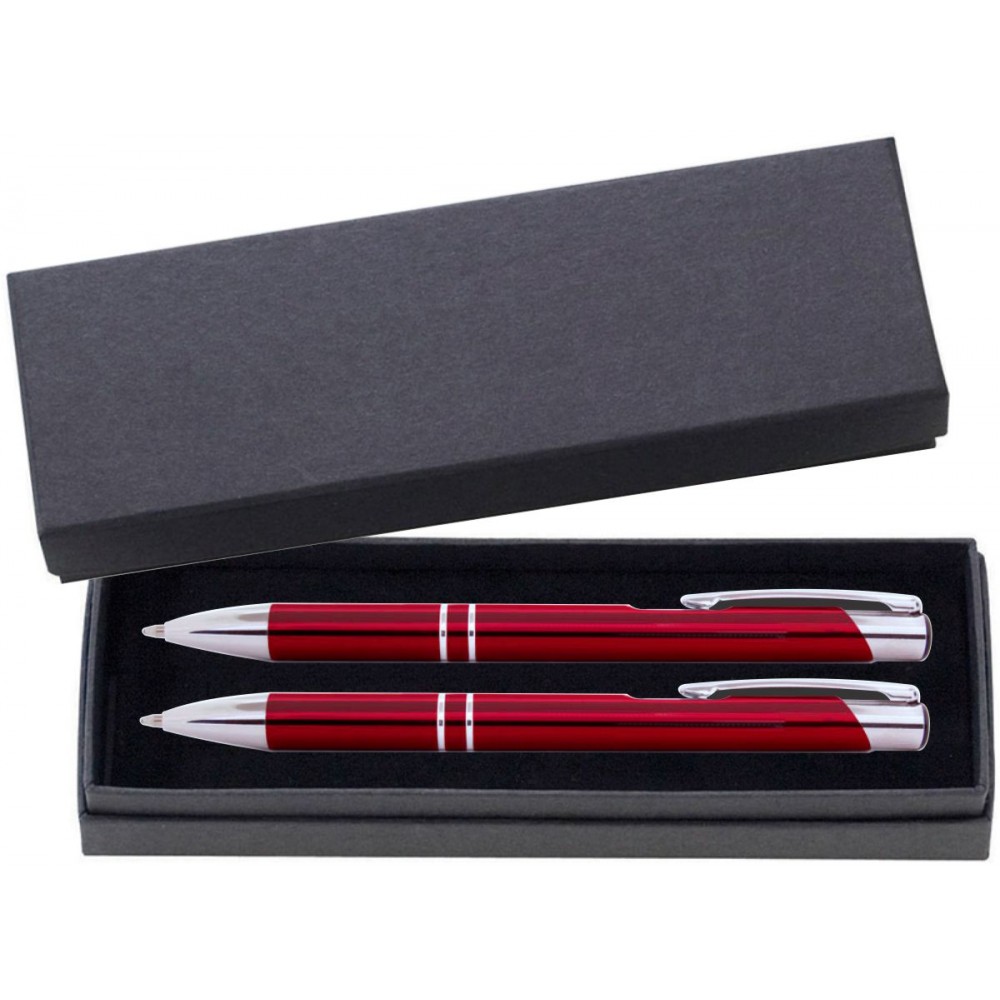 Custom Engraved JJ Series Pen and Pencil Gift Set in Black Cardboard Paper Gift Box with Velvet lining - Red pen