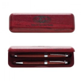 Premade Pen Set WB02R Natural Wooden Box w/Ballpoint Pen & Lead Pencil Logo Branded