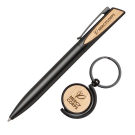Alban Aluminium Ball Pen w/Bamboo Keyring Set - Black with Logo  Alban Aluminium Ball Pen w/Bamboo Keyring Set - Black with Logo