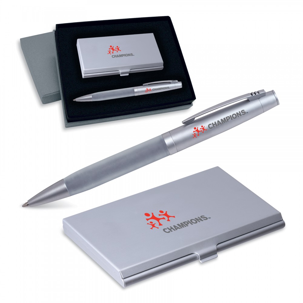 2-Piece Gift Set of Business Card Case with Mirror and Ballpoint Pen Custom Imprinted