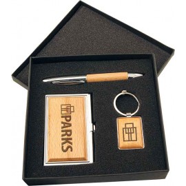 Custom Imprinted Silver/Wood Finish Gift Set with Business Card Case, Pen & Keychain