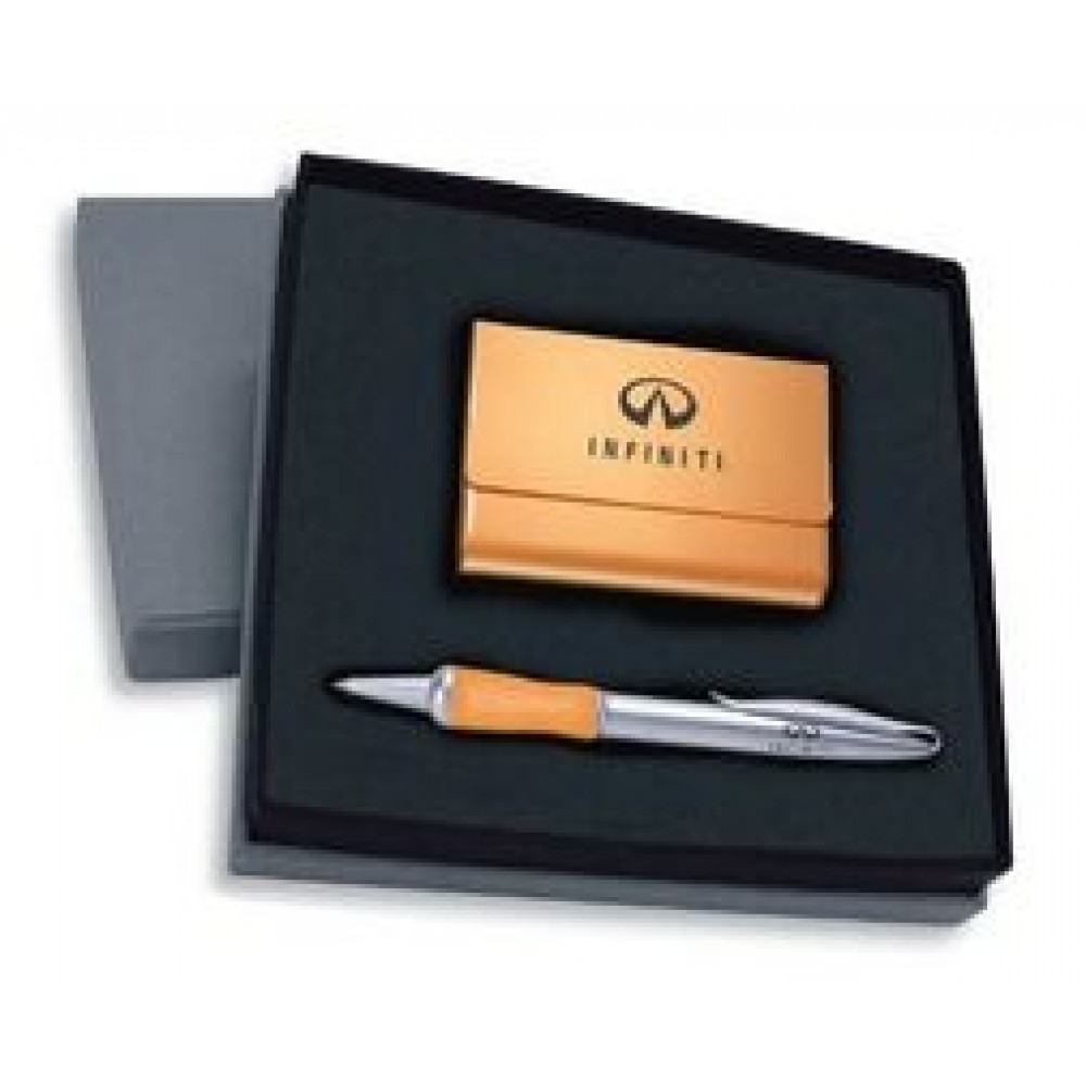 Custom Engraved 2-Piece Gift Set of Metallic Orange Business Card Case and Twist Action Ballpoint Pen