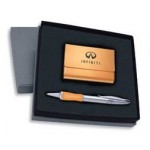 Custom Engraved 2-Piece Gift Set of Metallic Orange Business Card Case and Twist Action Ballpoint Pen