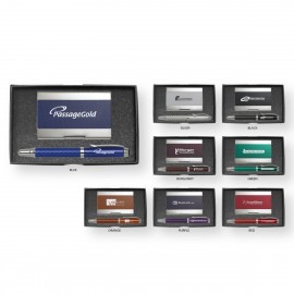 Logo Branded Carbon Fiber Rollerball Pen and Cardholder Set