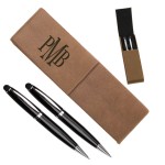 Leatherette Double Pen Case with 2 Blank Pens with Stylus - Dark Brown Logo Branded