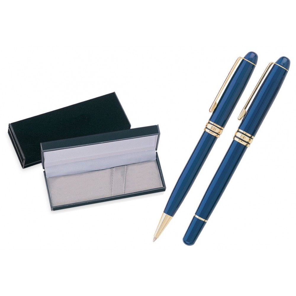 Custom Imprinted MB Series Pen and Roller Pen Gift Set in black velvet gift box - blue pen pen set