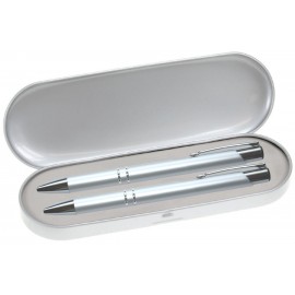 JJ Series Pen and Pencil Gift Set in Silver Tin Gift Box with Hinge Cover - Silver pen Custom Engraved