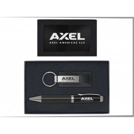 Leather and Metal Key-Tag and Carbon Fiber Ball Point Pen Gift Set Custom Imprinted