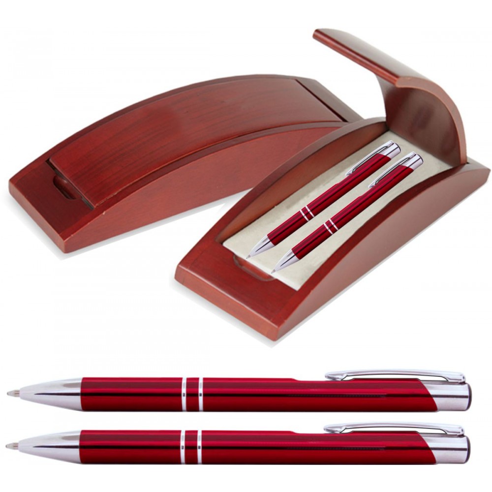 Custom Imprinted JJ Series Pen and Pencil Gift Set in Rosewood Color Wood Gift Box with Hinge Cover, Red pen