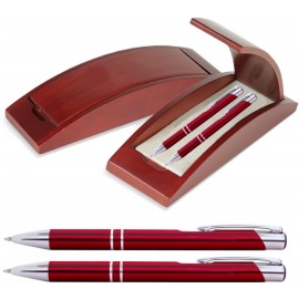 Custom Imprinted JJ Series Pen and Pencil Gift Set in Rosewood Color Wood Gift Box with Hinge Cover, Red pen