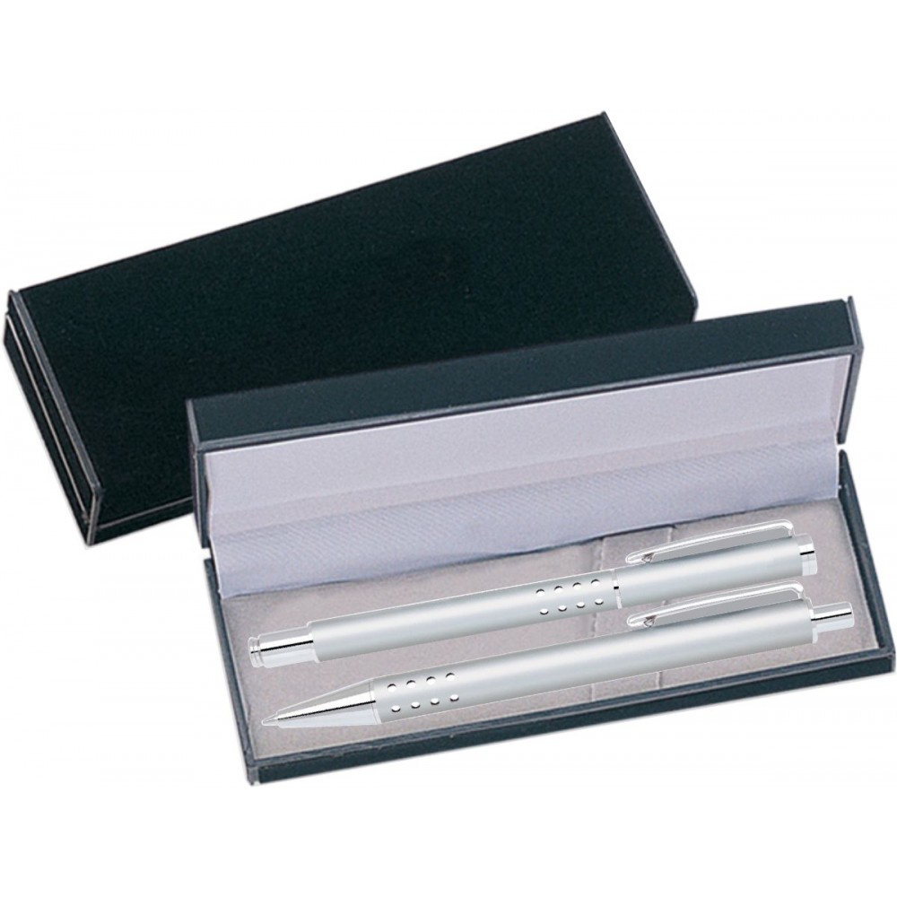 Custom Imprinted Dot Grip Pen Series - Silver Pen and Roller Pen Gift Set, Silver Dots Grip, Crescent Moon Shape Clip