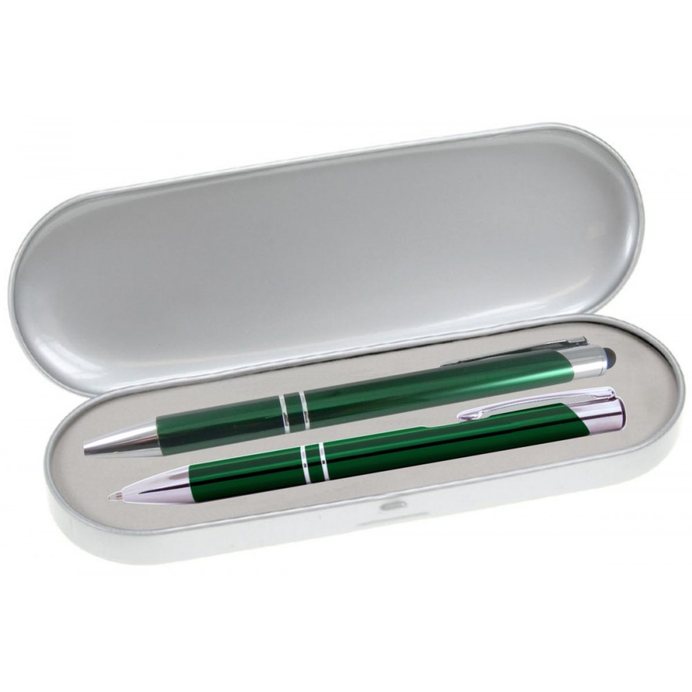 JJ Series Stylus Pen and Pencil Gift Set in Silver Tin Gift Box with Hinge Cover - Green pen Custom Imprinted